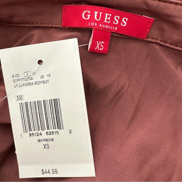 NWT Guess Brown Ruched Collared Long Sleeve Snap Button Closure Bodysuit Size XS - Picture 6 of 9
